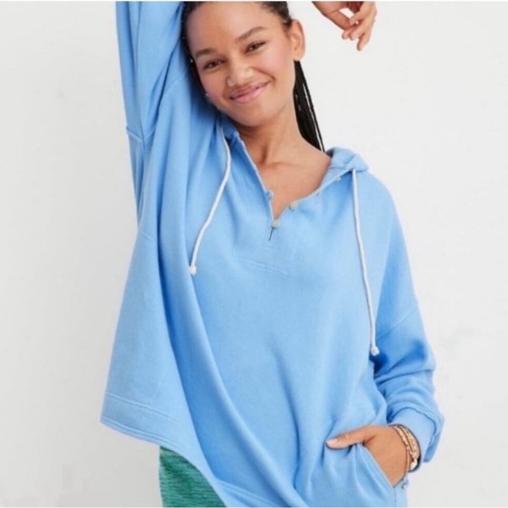 Aerie Beach Weekend Oversized Hoodie Size S Terry Cloth Blue Sweater